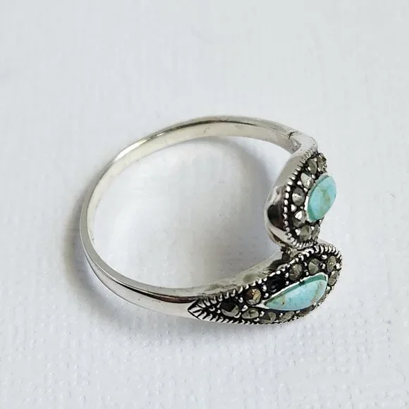 1990's Signed 925 Silver Classic Turquoise & Marcasite Ring Size 7 - Picture 3 of 12